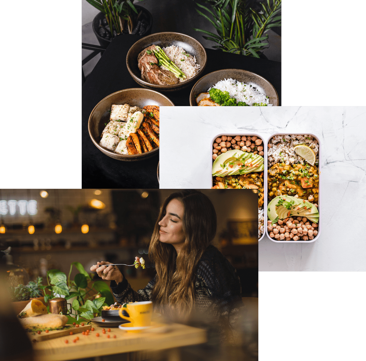 woman enjoying food, meals in storage and food bowls on a table